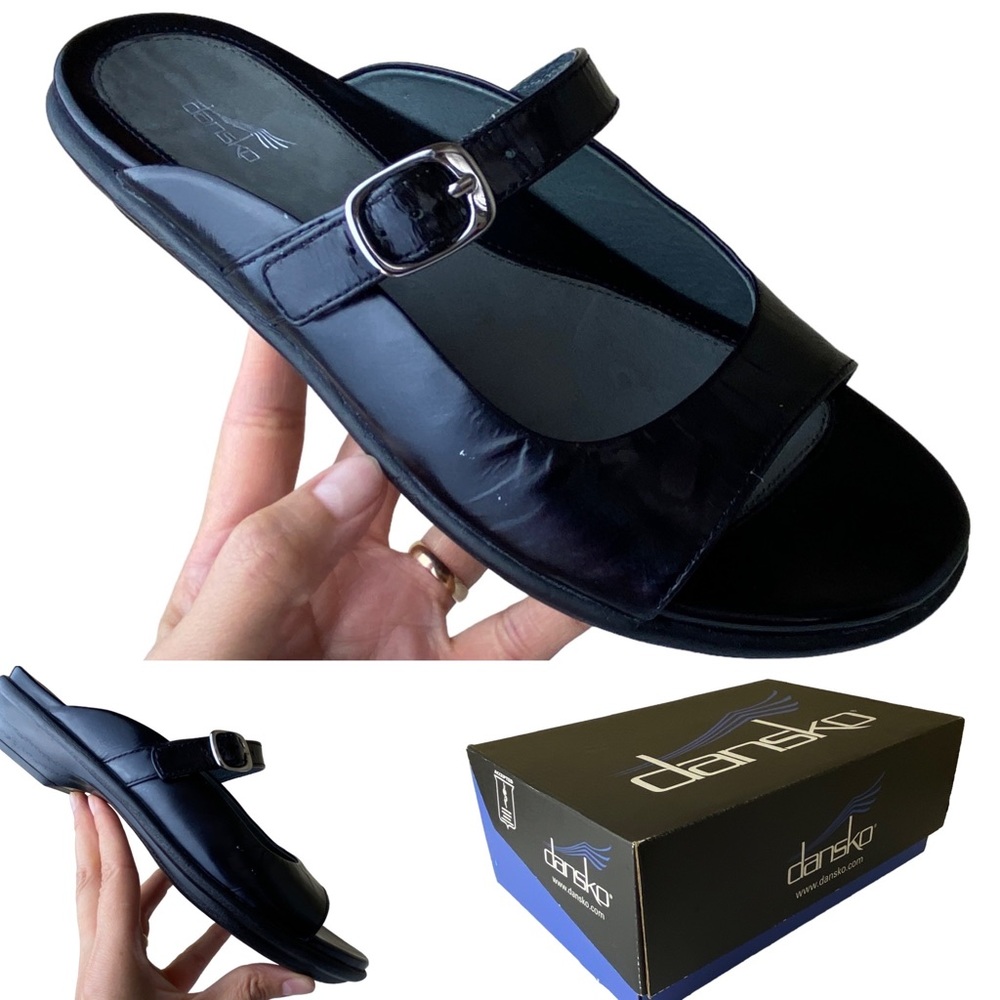 Dansko Crinkle Patent Leather BLACK Slip On Sandals